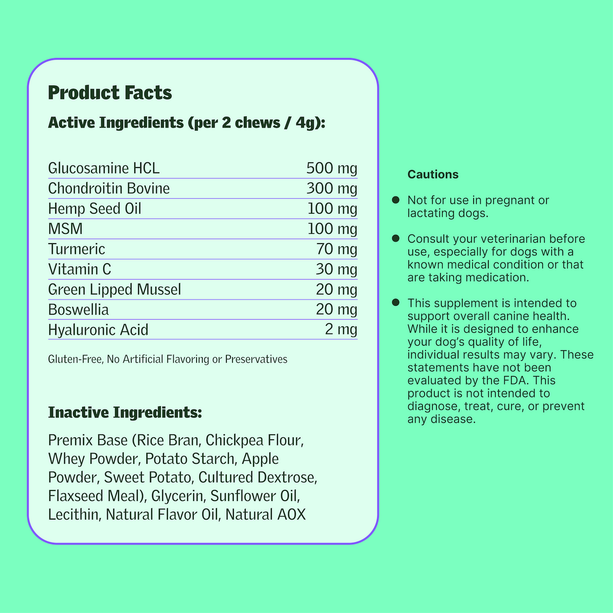 Furevery Hip & Joint product facts: nine active ingredients per 2 chews (4 g), inactive ingredients and cautions