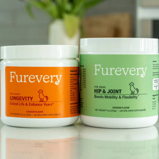 Furevery Longevity and Hip & Joint soft chew jars side by side on a kitchen counter