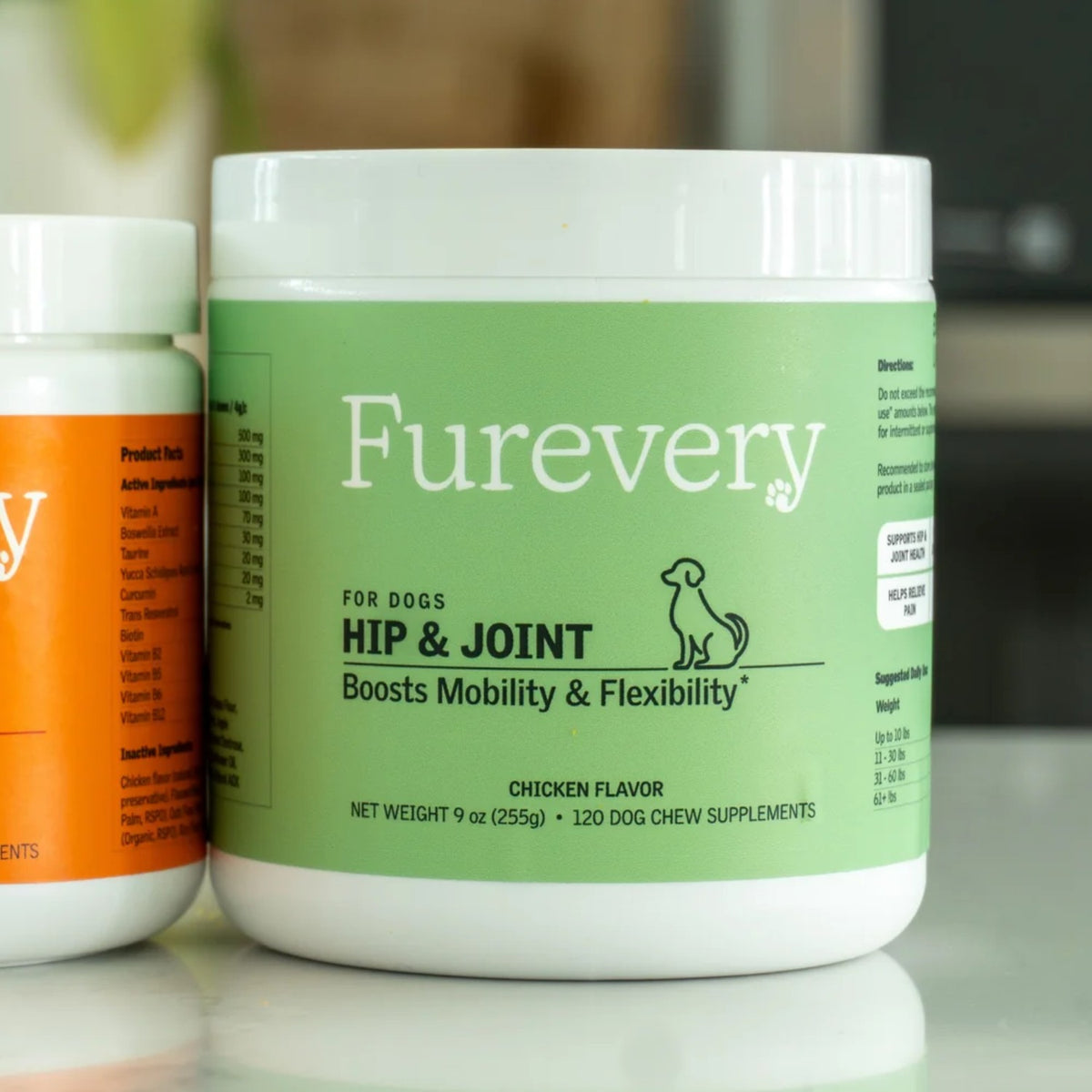 Furevery Hip & Joint chicken-flavored soft chews for dogs, 120-count jar on a kitchen counter